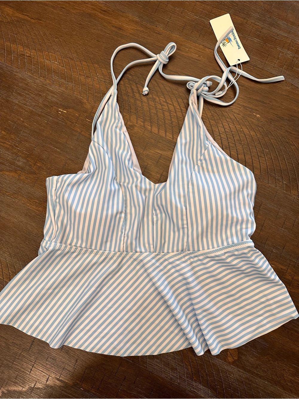 Beachsissi Bathing suit top Blue & White Striped Peplum Halter Top
